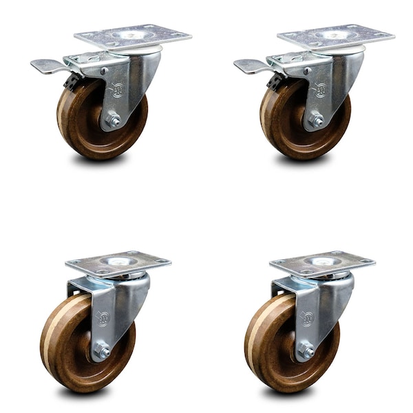 4 Inch High Temp Phenolic Wheel Swivel Top Plate Caster Total Lock Brakes, 2PK